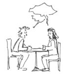 2 Personen am Tisch mit Sprechblasen